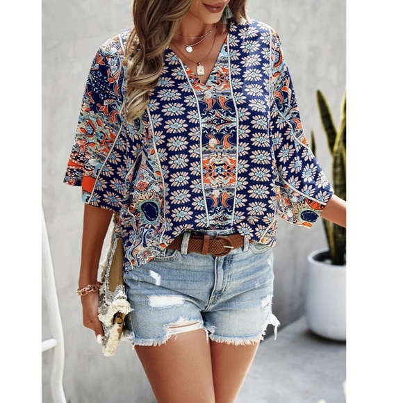 Printed Blue Multicolor Batwing Sleeve V-Neck Blouse Top - Picture 5 of 7